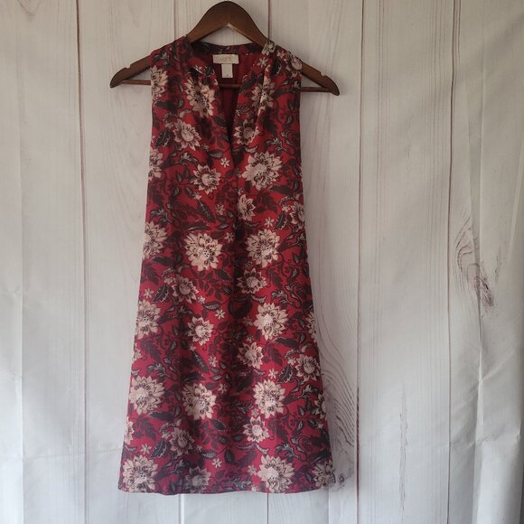 Loft Outlet Midi Dress, XS, Sleeveless, Red Floral Print, V-Neck, Tie-Back, EUC - Picture 1 of 9